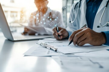 Healthcare professionals work together on patient notes surrounded by digital symbols, symbolizing teamwork, efficiency, and advanced medical technology in healthcare.