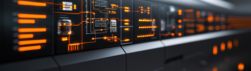 Fototapeta premium Fire Alarm System Response Concept. A close-up view of a futuristic control panel featuring illuminated orange elements and intricate digital displays.