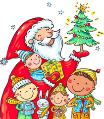 Happy Xmas greeting card. Cartoon kids and Santa, Merry Christmas illustration of children with gift boxes