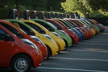 Fototapeta premium Fleet of colorful electric vehicles are charging at outdoor stations, showcasing sustainable transportation