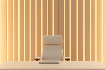 Modern Financial Advisor Office Workspace with Warm Lighting and Clean Lines Featuring an Empty Chair and Desk, Perfect for a Professional Atmosphere in Business Environments