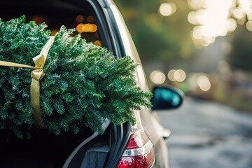 Christmas wreath tied to car's trunk, holiday season concept