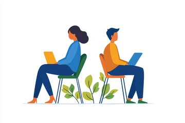 Fototapeta premium Minimalist Workspace Featuring Financial Advisors Guiding Clients with Laptops in a Modern Office Setting Surrounded by Greenery
