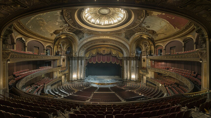 Fototapeta premium Grand opera house interior with ornate ceiling detailed decorations and empty seating under warm golden lights