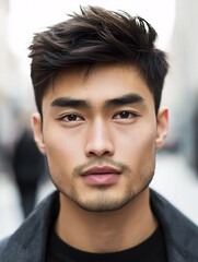 Obraz premium Young Asian Male with Stylish Short Haircut Featuring a Faded Style, Capturing Modern Trends in Men's Hair Fashion on Urban Background