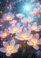 Fototapeta premium Flowers glowing with radiant petals and surrounded by magical sparkles, digitally created in a surreal garden, offering a dreamy International Women’s Day tribute