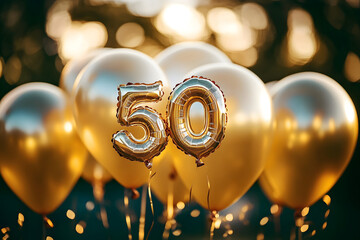 Joyful 50th birthday celebration with shimmering gold helium balloons for a special occasion
