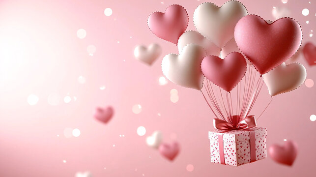 A festive arrangement of pink and white heart-shaped balloons lifting a gift box wrapped in heart-patterned paper and a pink ribbon, set against a soft pink background with glowing bokeh effects