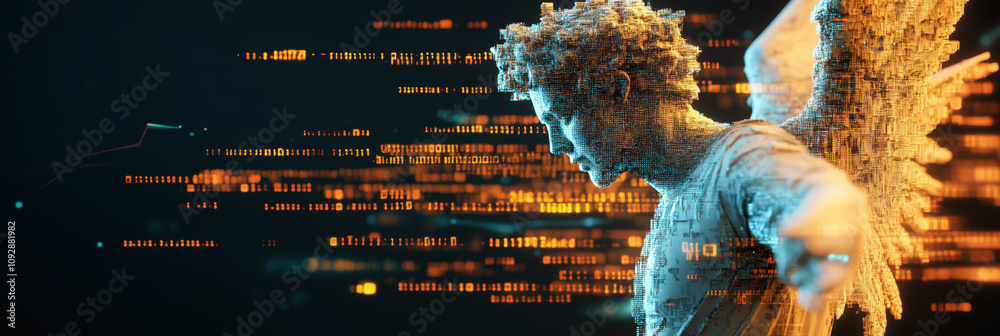 Poster digital angel statue with intricate details and glowing binary code