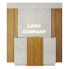 A white and brown wall with a logo company sign on it