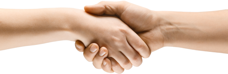 Close-up of two hands engaged in firm handshake isolated on transparent background. Agreement, partnership, and mutual understanding. Concept of visual communication, signs
