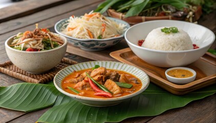 Delicious Isan Thai Food Spread Featuring Spicy Chicken and Sticky Rice. Generative AI