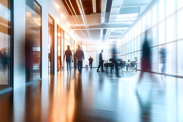 Dynamic modern office with people in motion, blurred figures in contemporary workspace