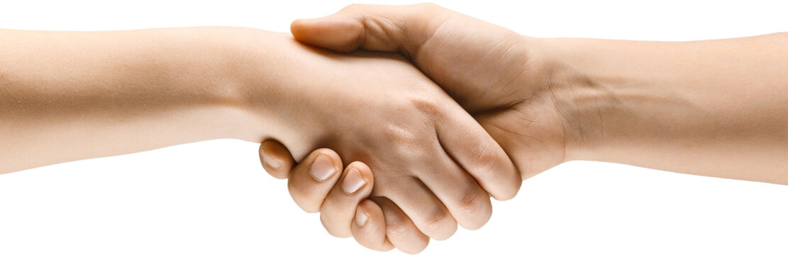 Close-up of two hands engaged in firm handshake isolated on transparent background. Agreement, partnership, and mutual understanding. Concept of visual communication, signs