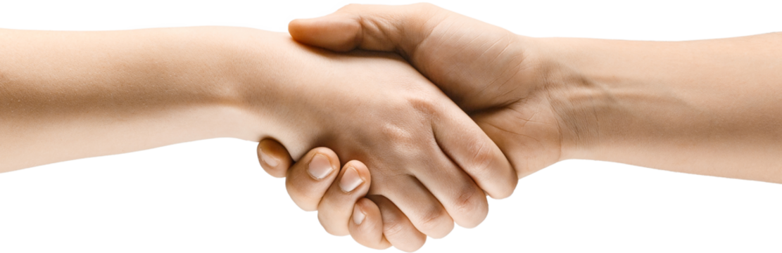 Close-up of two hands engaged in firm handshake isolated on transparent background. Agreement, partnership, and mutual understanding. Concept of visual communication, signs