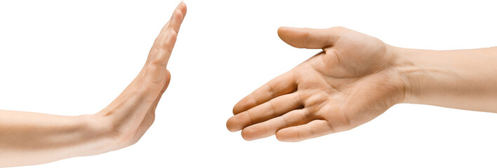 Hand extended in motion, refusing handshake isolated on transparent background. Rejection, refusal,...