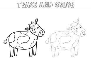 Trace and color black and white game for kids with a cute cow. Activity page in outline with a funny farm animal. Great for coloring book. Vector illustration