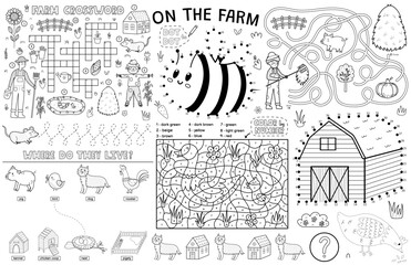 On the farm placemat with cute animals. Farm activity mat for kids with dot to dot, crossword, color by number and maze games. Bee, duck, hen and other farm animals. Vector illustration © juliyas