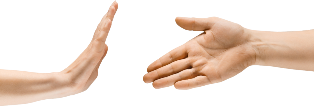 Hand extended in motion, refusing handshake isolated on transparent background. Rejection, refusal, personal boundaries. Concept of visual communication, signs, gestures