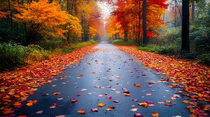 vibrant autumn road with colorful leaves, showcasing seasonal beauty and natural serenity.