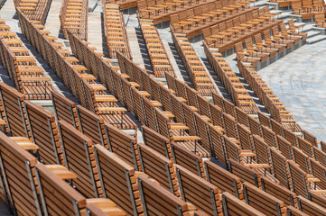 Wooden benches in the open-air amphitheater