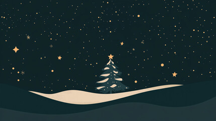 minimalist design with dark green background, silhouette of snow-covered Christmas tree in the middle, decorated with small stars and gold confetti around, christmas banner design, Ai generated images