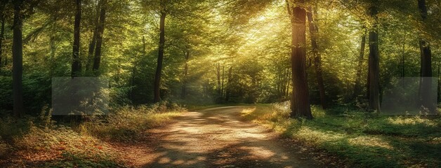Fototapeta premium Beautiful Forest Landscape with Path in Summer Sunlight. AI generated illustration