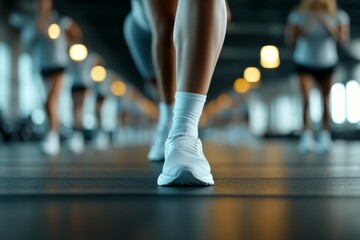 Fototapeta premium A focused shot of feet wearing athletic shoes as a person runs on a treadmill in a gym, illustrating determination and pursuit of fitness goals indoors.