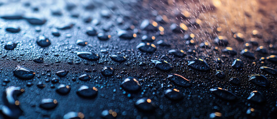 A close-up of droplets of water on a dark surface, showcasing reflections and textures in a visually striking manner.