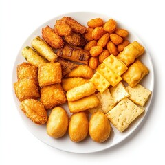 Assorted Fried Appetizers with Dip on White Plate.