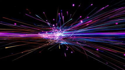 A vibrant explosion of colorful light streaks against a black background, representing energy and movement.