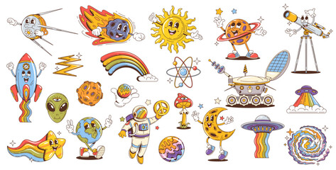 Retro groovy space characters, cartoon psychedelic alien, hippie sun, earth, moon and saturn planets. Trippy vector personages of astronaut, rocket, spaceship and UFO. Groovy space satellite and star © Vector Tradition