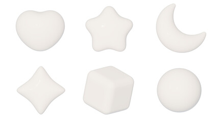 3d icon collection set, heart, star, moon, twinkle, cube and circle, whitematerial, png isolated background