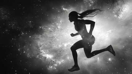 Naklejka premium Cosmic Runner: A Silhouette of a Woman Running Through the Stars