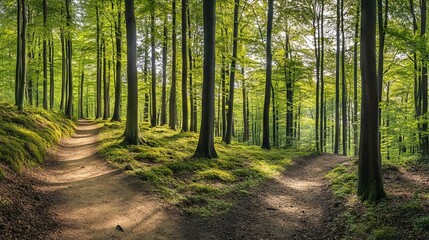 Fototapeta premium Beautiful Green Forest with Trees and a Path in Spring or Summer. AI generated illustration