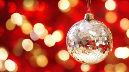 Fototapeta premium A shimmering Christmas ornament dangles delicately from a string, capturing the festive spirit with its vibrant colors and intricate design, perfect for holiday celebrations.