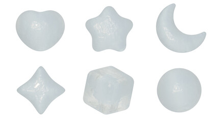 3d icon collection set, heart, star, moon, twinkle, cube and circle, frosted ice  material, png isolated background