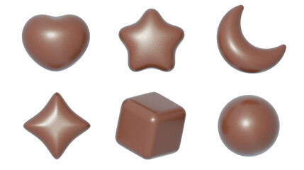 3d icon collection set, heart, star, moon, twinkle, cube and circle, chocolate material, png isolated background