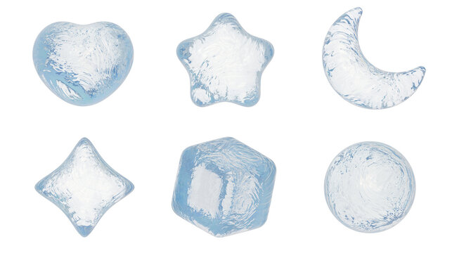 3d icon collection set, heart, star, moon, twinkle, cube and circle, clear ice  material, png isolated background