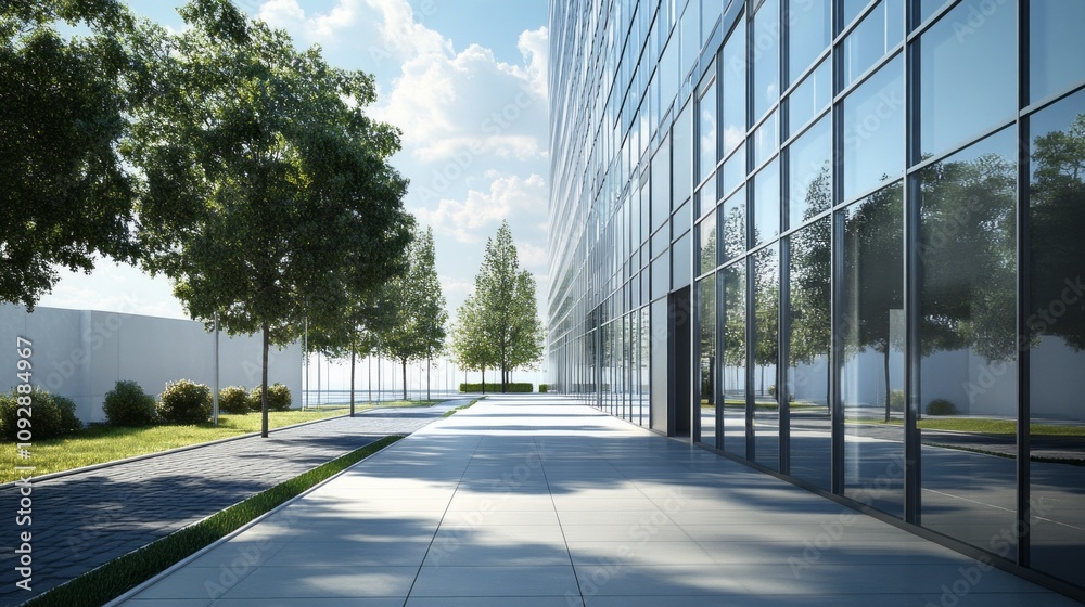 Poster a large glass building with a courtyard in front of it