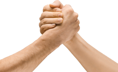Two hands gripping each other in a wrestling motion, symbolizing strength, challenge, support, assistance and friendship. Isolated on transparent background Concept of visual communication, signs