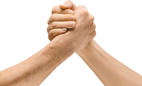 Two hands gripping each other in a wrestling motion, symbolizing strength, challenge, support, assistance and friendship. Isolated on transparent background Concept of visual communication, signs