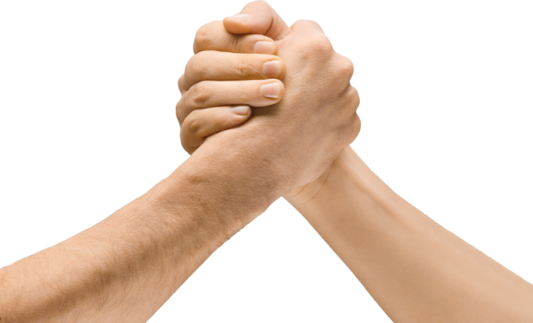 Two hands gripping each other in a wrestling motion, symbolizing strength, challenge, support, assistance and friendship. Isolated on transparent background Concept of visual communication, signs