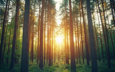 Obraz premium Spring Forest Landscape with Tall Pine Trees at Sunrise, AI generated illustration