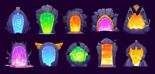 Fantasy game magic portal doors for witchcraft game assets, vector cartoon GUI elements. Magic portal door or parallel world entrance and teleport gate with plasma in stone rock arch for mystery game © Vector Tradition
