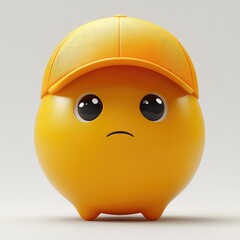 A round, matte yellow emoji character sports a low-set baseball cap, expressing sadness against a clean white backdrop. Ideal for conveying various emotional tones in digital communication
