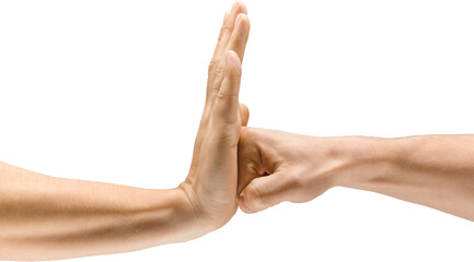 Hand stopping fist in mid-motion, symbolizing nonviolence, rejection of conflict, and peace. Isolated on transparent background. Concept of visual communication, signs
