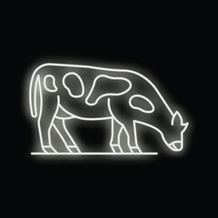 White neon sign depicting a grazing cow on a black background