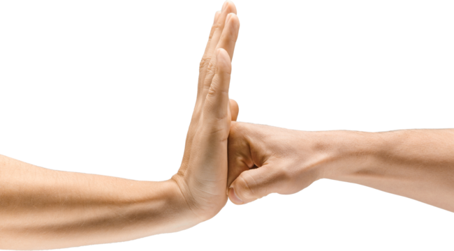 Hand stopping fist in mid-motion, symbolizing nonviolence, rejection of conflict, and peace. Isolated on transparent background. Concept of visual communication, signs