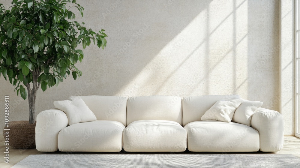 Poster a white couch sits in a room with a large tree in the corner